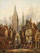 Pieter Cornelis Dommersen A gothic cathedral in a medieval city oil painting on canvas